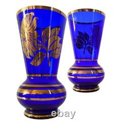 RARE Vintage Borske Sklo Union Vase Sunflower Design in Cobalt Blue and Gold