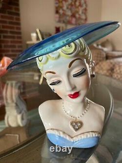 RARE Vintage Lady Head Vase BLUE GLASS HAT GAL Headvase