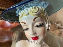 RARE Vintage Lady Head Vase BLUE GLASS HAT GAL Headvase