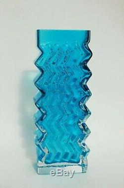 RARE Whitefriars KINGFISHER BLUE Textured Glass ZIG ZAG Vase by Geoffrey Baxter
