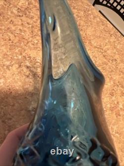 Rainbow Viking Glass Blue Owl Vase Hand Blown Vintage EUC