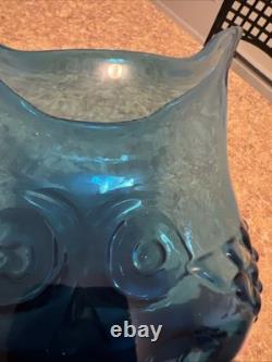 Rainbow Viking Glass Blue Owl Vase Hand Blown Vintage EUC