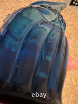 Rainbow Viking Glass Blue Owl Vase Hand Blown Vintage EUC