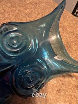 Rainbow Viking Glass Blue Owl Vase Hand Blown Vintage EUC