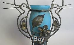 Rare 17 Muller Freres Glass & Iron Mounted Vase with Bird Handles c. 1920s