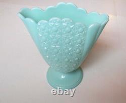 Rare 1950's Fenton Blue Milk Glass Fan Vase Daisy And Button Pattern