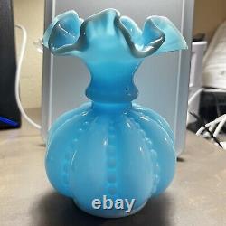 Rare 1970s Fenton Blue Milk Glass Beaded Melon Double Crimped-Ruffled-6 Vase