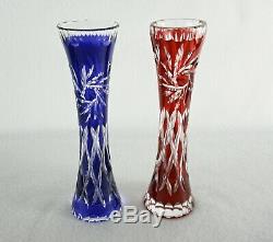 Rare Antique BACCARAT Crystal Pair Sapphire Blue & Cherry Red Soliflore Vase