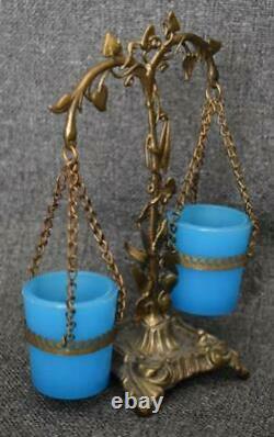 Rare Antique Opaline Glass Pair Of Posey Pots In Balancing Scale Ivy Motif Frame