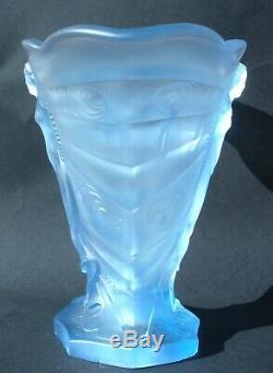 Rare Art Deco Part Frosted Blue Pressed Glass Schmetterling Vase Walther & Sohne