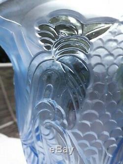 Rare Art Deco stunning blue glass exotic birds vase unknown maker