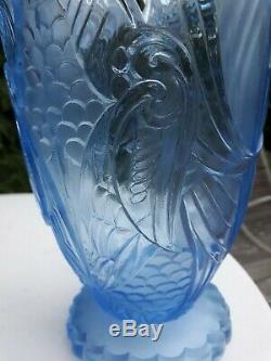 Rare Art Deco stunning blue glass exotic birds vase unknown maker