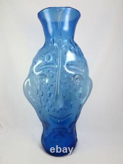 Rare BIG Vintage Blenko Hank Adams Blue Art Glass Face Head Vase Sculpture #9316