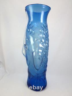 Rare BIG Vintage Blenko Hank Adams Blue Art Glass Face Head Vase Sculpture #9316