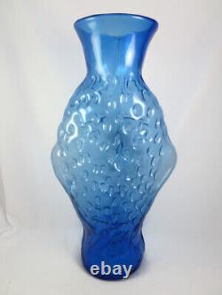 Rare BIG Vintage Blenko Hank Adams Blue Art Glass Face Head Vase Sculpture #9316