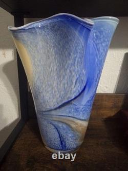 Rare Collectible Hand Blown Polish Art Glass Vase By Alicja Blue Statement Piece
