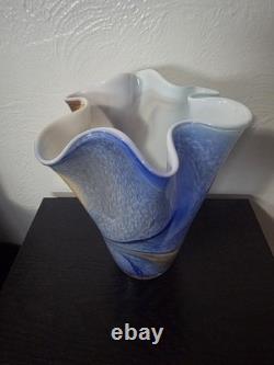 Rare Collectible Hand Blown Polish Art Glass Vase By Alicja Blue Statement Piece