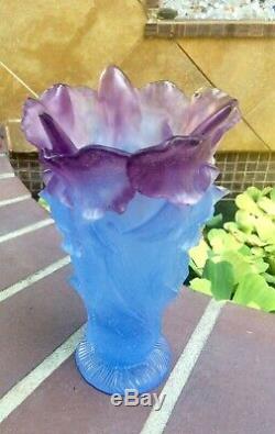 Rare DAUM FR Pate de Verre Amethyst Purple Blue ORCHID Crystal Vase 8.5 Signed