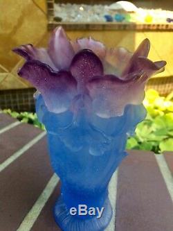 Rare DAUM FR Pate de Verre Amethyst Purple Blue ORCHID Crystal Vase 8.5 Signed