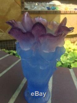 Rare DAUM FR Pate de Verre Amethyst Purple Blue ORCHID Crystal Vase 8.5 Signed