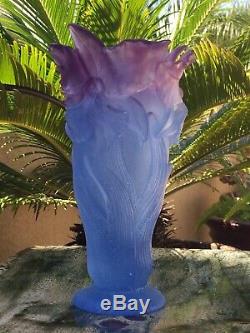 Rare DAUM FR Pate de Verre Amethyst Purple Blue ORCHID Crystal Vase 8.5 Signed