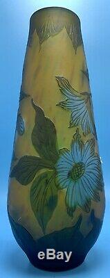 Rare Daum Nancy FRENCH Glass Art Blue Lily Floral Bud Vase Signed Cameo Frosted
