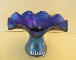 Rare Design Durand Hearts & Vines Ruffled Top Vase Purple & Blue- Steuben Era