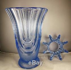 Rare Elegant Depression Glass Large Blue Flower Holder Vase with Insert
