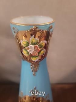 Rare Empoli Italy Italian art Glass Vase Handpainted Floral Robin's Egg Blu