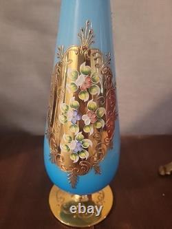 Rare Empoli Italy Italian art Glass Vase Handpainted Floral Robin's Egg Blu
