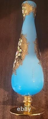 Rare Empoli Italy Italian art Glass Vase Handpainted Floral Robin's Egg Blu