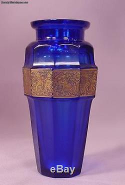 Rare Faceted Cobalt Blue Gold Signed Moser Czechoslovakia Carlsbad Vase