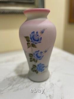 Rare Fenton Blue Burmese 9 1/2 Vase Butterflies Blue Rose 7 Birds Hand Painted