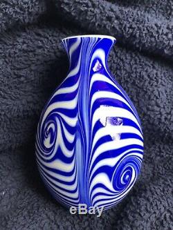 Rare Fenton Glass Fetty Barber High Labyrinth 9 Vase Blue On White 1975
