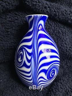 Rare Fenton Glass Fetty Barber High Labyrinth 9 Vase Blue On White 1975