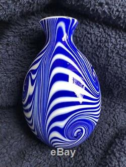 Rare Fenton Glass Fetty Barber High Labyrinth 9 Vase Blue On White 1975