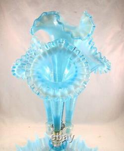 Rare Fenton LG Wright Ice Blue Opalescent Thread & Rib Epergne