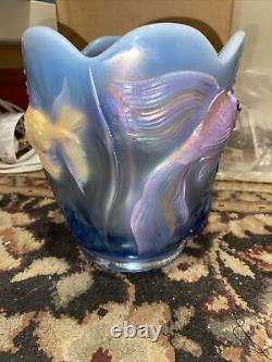 Rare Fenton Opaline Bas-relief Fish Vase Hand Painted Signed Scalloped Rim