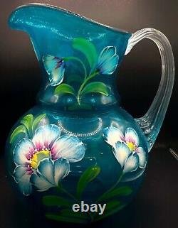 Rare Fenton Presidents 1905-2005 Limited Ed Hand Painted Blue Glass Pitcher Vase