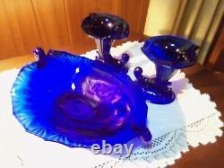 Rare Fenton art glass Royal Blue bowl & candleholders circa 1934 BEAUTIFUL