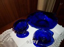 Rare Fenton art glass Royal Blue bowl & candleholders circa 1934 BEAUTIFUL