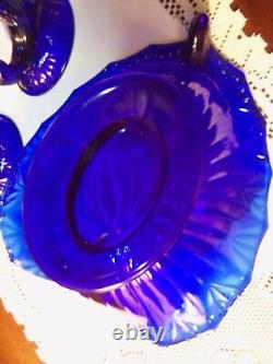 Rare Fenton art glass Royal Blue bowl & candleholders circa 1934 BEAUTIFUL