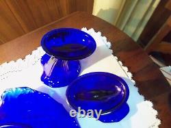 Rare Fenton art glass Royal Blue bowl & candleholders circa 1934 BEAUTIFUL