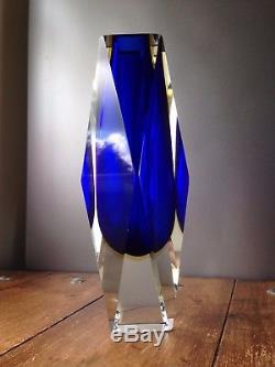 Rare Huge 3kg Blue Amber & Clear Murano Sommerso Faceted Vase Retro MID Century