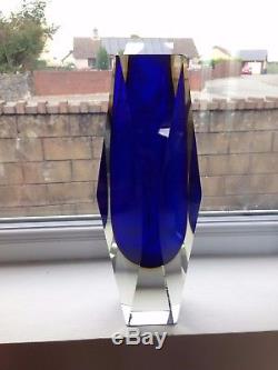 Rare Huge 3kg Blue Amber & Clear Murano Sommerso Faceted Vase Retro MID Century