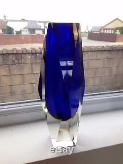 Rare Huge 3kg Blue Amber & Clear Murano Sommerso Faceted Vase Retro MID Century