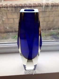 Rare Huge 3kg Blue Amber & Clear Murano Sommerso Faceted Vase Retro MID Century