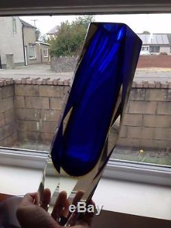 Rare Huge 3kg Blue Amber & Clear Murano Sommerso Faceted Vase Retro MID Century