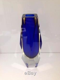 Rare Huge 3kg Blue Amber & Clear Murano Sommerso Faceted Vase Retro MID Century