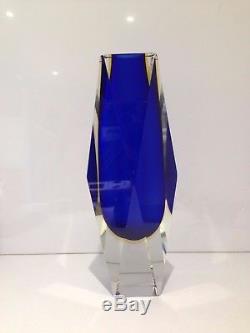 Rare Huge 3kg Blue Amber & Clear Murano Sommerso Faceted Vase Retro MID Century